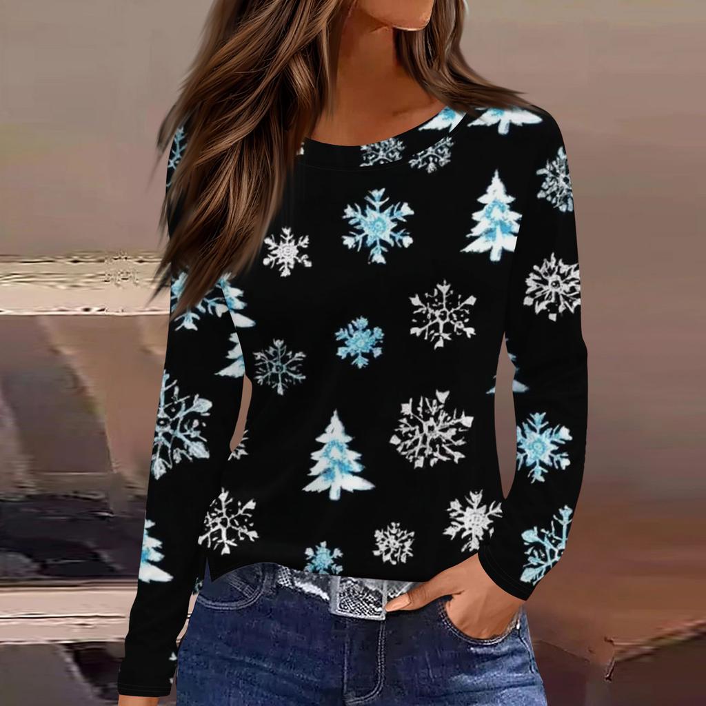 Dámská móda Ležérní rozparek na lemu Kulatý výstřih Dlouhý rukáv Volné vánoční potištěné tričko Dámský top
