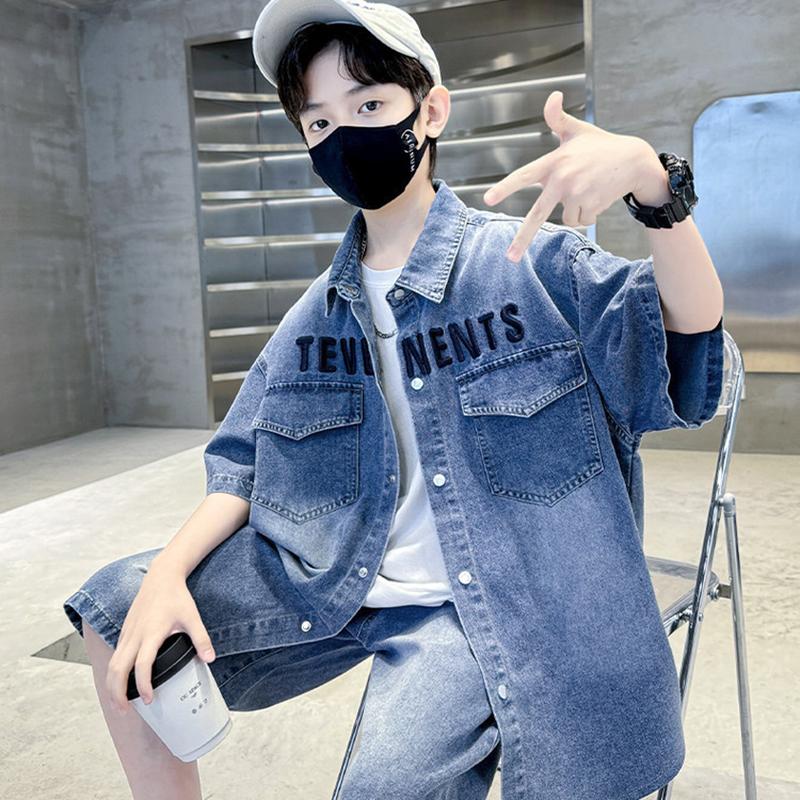 Boys Denim Suit Summer Children's Short Sleeve Shirt Shorts Sports Korean Tracksuit Sets Kids Suit