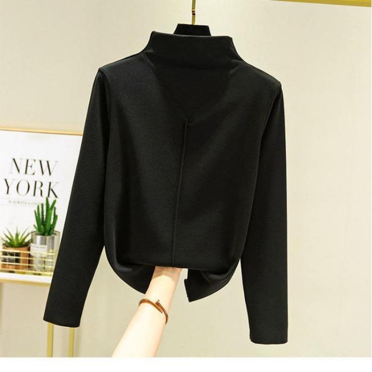 Long Sleeve Women Autumn Winter Slim Velvet Half High Collar Top