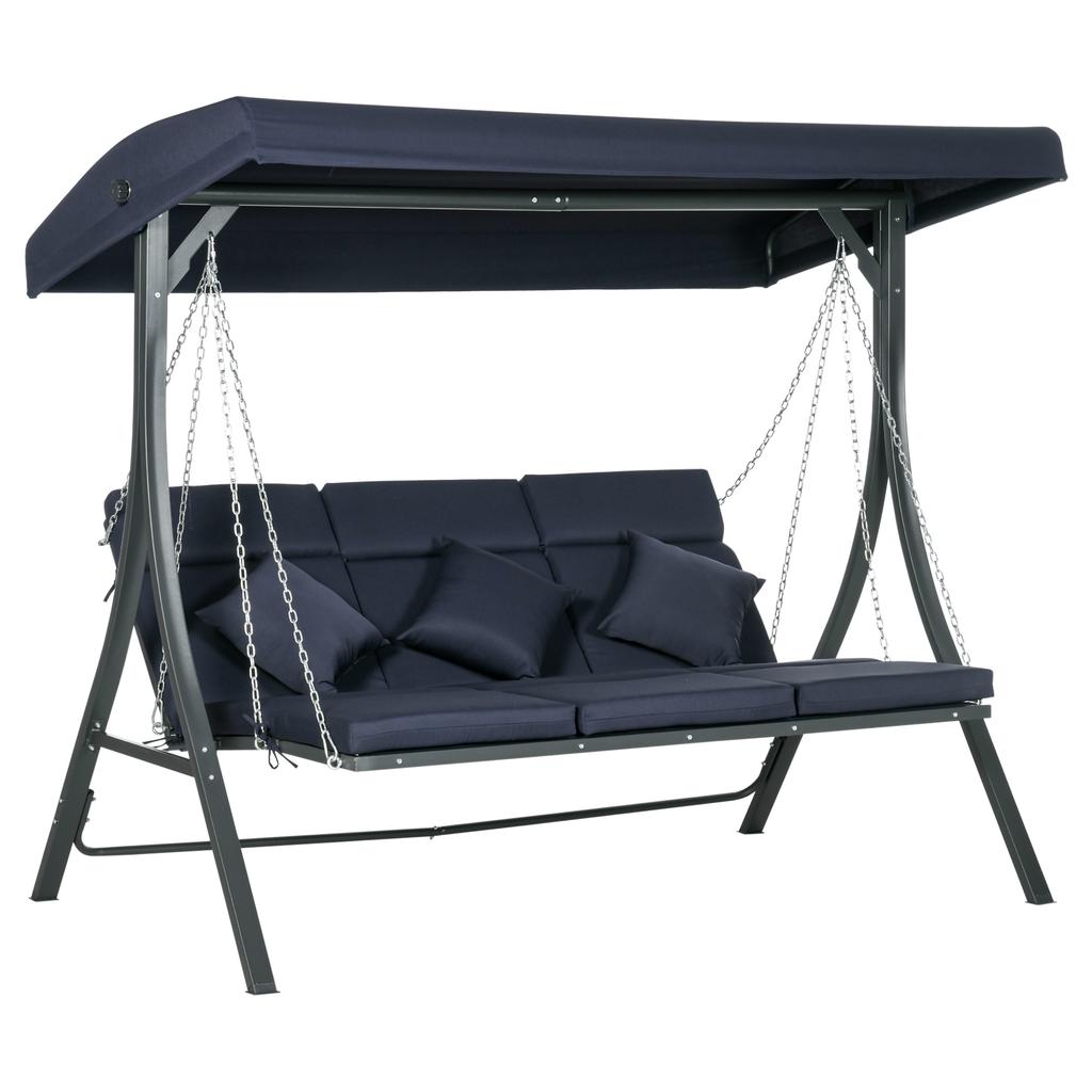 Altalena da Giardino Hollywood Swing, 3 Persone, Tettoia Parasole Regolabile, 198 x 118 x 168 cm, Blu Scuro