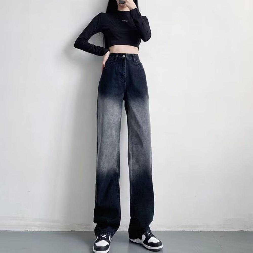 High Street Gradual Change Washed Jeans Women's Spring and Autumn Niche Design Sense Cover Hip Personality Mopping Wide Leg Jeans
