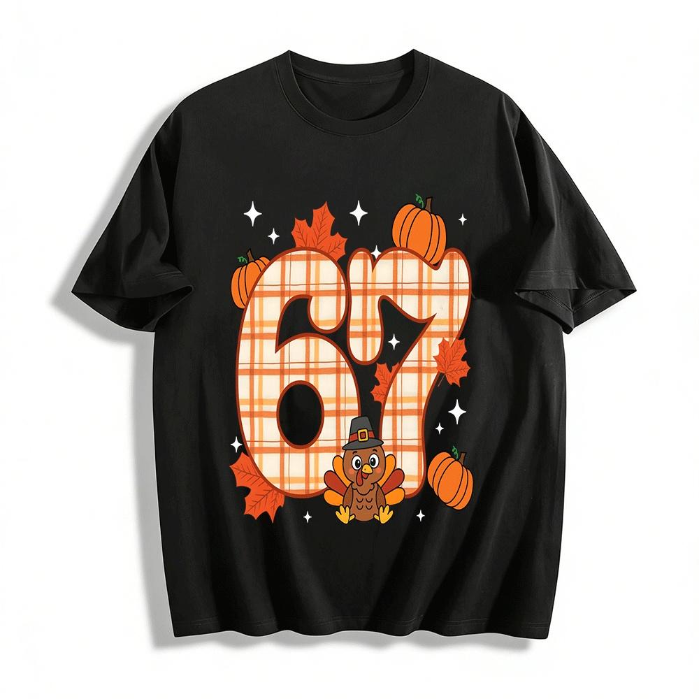 

Thanksgiving Themed Plaid Top Turkey Pumpkin Maple Leaf No.67 Shirt Pure cotton T-shirt XXS