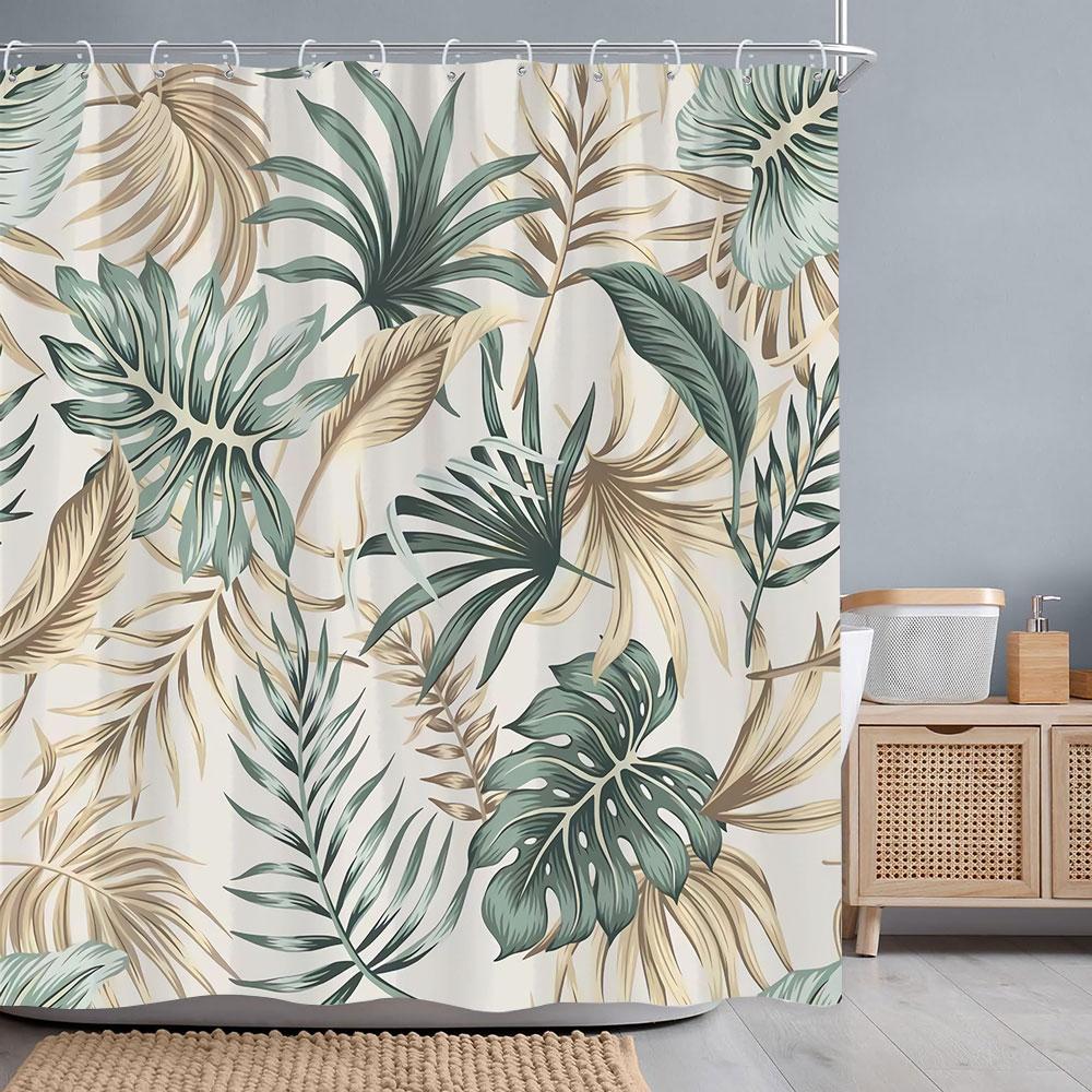 Tropical Botanical Flower Shower Curtain Beige Green Palm Leaf Flower Scandinavian Decor Bathroom Polyester Shower Curtains Set
