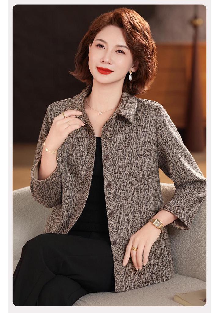 Autumn Lapel Shirt Jacket for Middle-Aged & Elderly Women - Loose Two-Piece Outerwear Set 