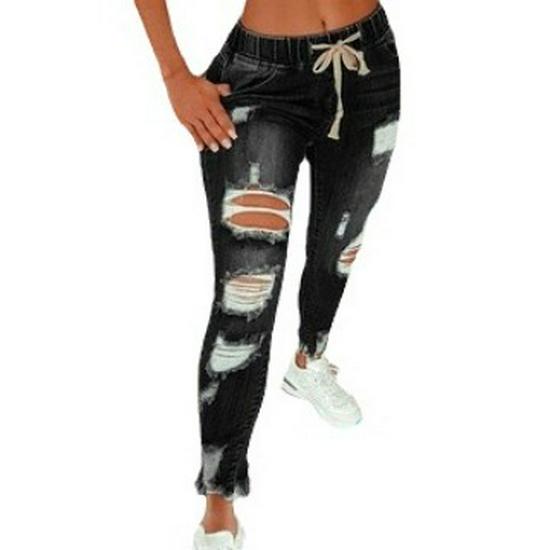 European & American Women's Elastic Waist Mid-Waist Lace-Up Slim Fit Small Leg Jeans - Elegant Commuting Long Jeans
