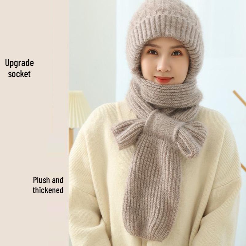 Women's Double-Layer Fleece-Lined Wool Knit Hat and Scarf 