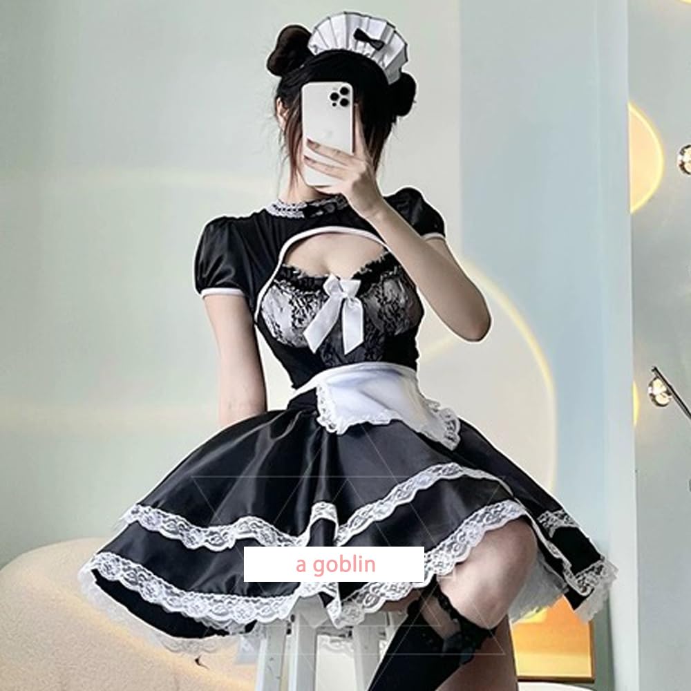 Maid Uniform 3 Piece Set Sexy Cosplay Cute Lolita Short Sleeve Lace Dress Open Chest Halloween Costume Performance Clothes Coffee Shop Party Event