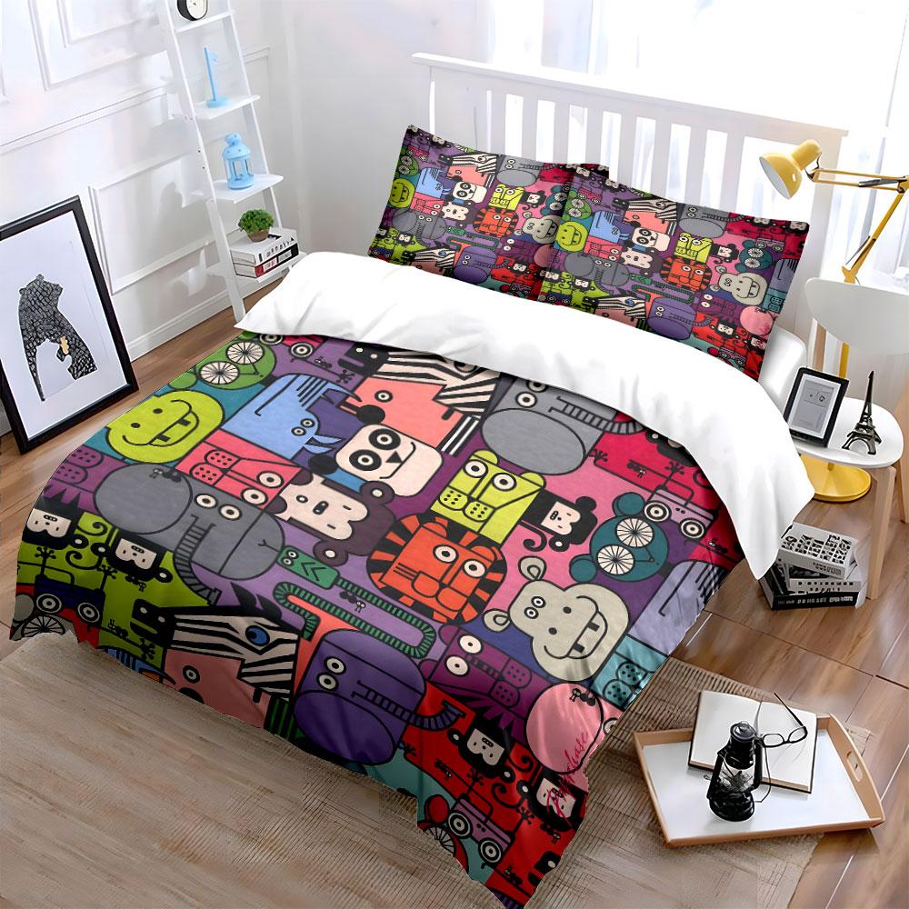 Cartoon Animal Puzzle Design Printed Duvet Cover Set 1 Duvet Cover+2 Pillowcasemulti Size Bedroom Bedding Decor Luxury Gifts