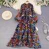 High sense light luxury temperament lantern long sleeve round neck waist thin single breasted printed dress elegant long skirt