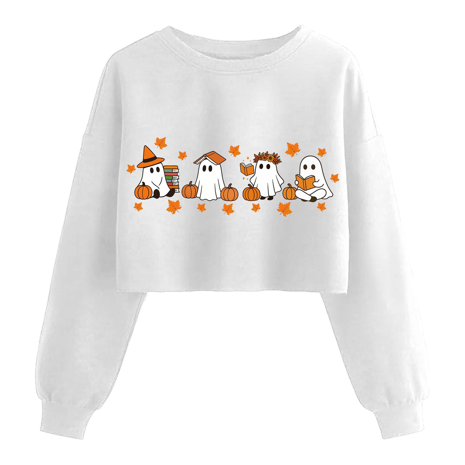 

Женский модный пуловер с длинным рукавом и принтом на Хэллоуин, открывающий живот XL