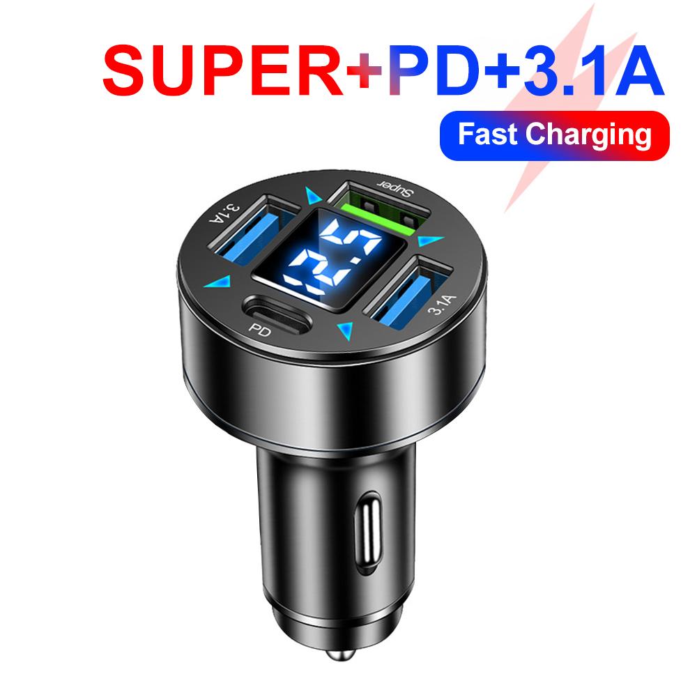 Nabíječka do auta s rychlonabíjecím adaptérem do zapalovače cigaret, 4 porty USB A USB C, rychlonabíjecí nabíječka pro iPhone Xiaomi
