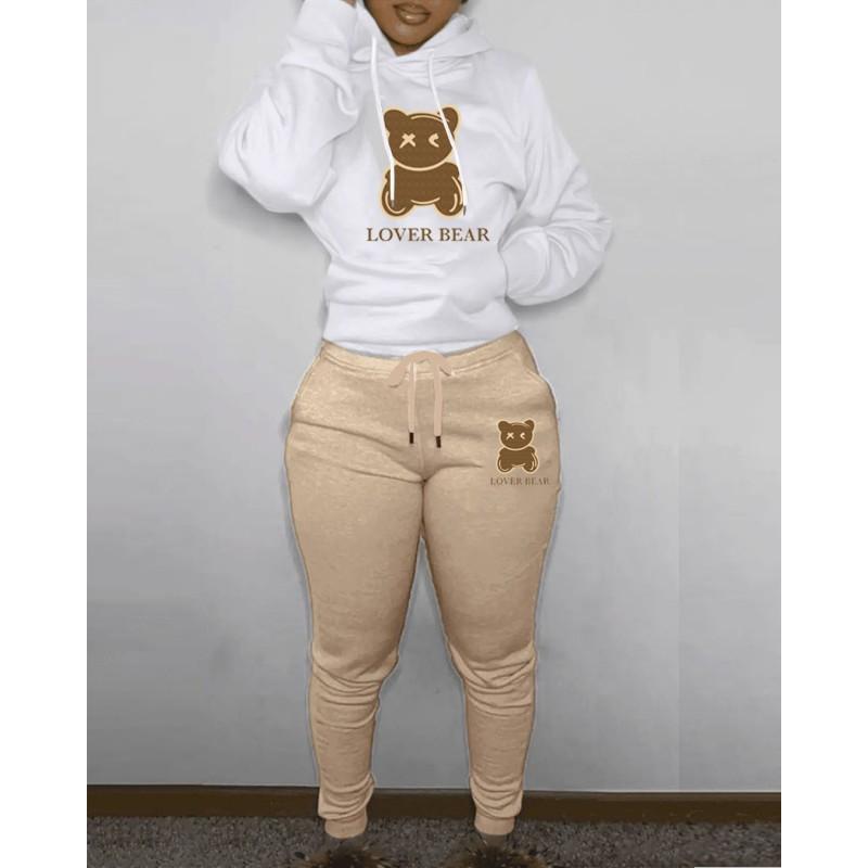 Womens Comfortable Hooded Sweatshirt Jogger Pants Set With Bear Print Color-Block Design Streetwear