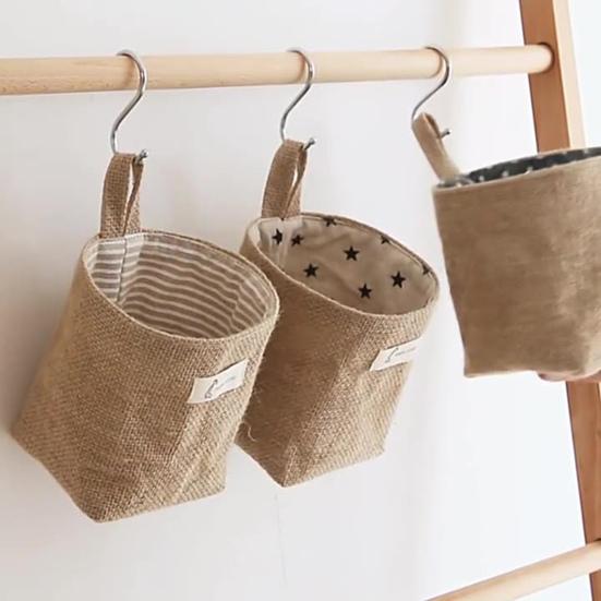Cotton Linen Hanging Storage Bag Wall Mounted Storage Basket Small Folding Storage Bag with Handle for Keys Toys Cosmetics