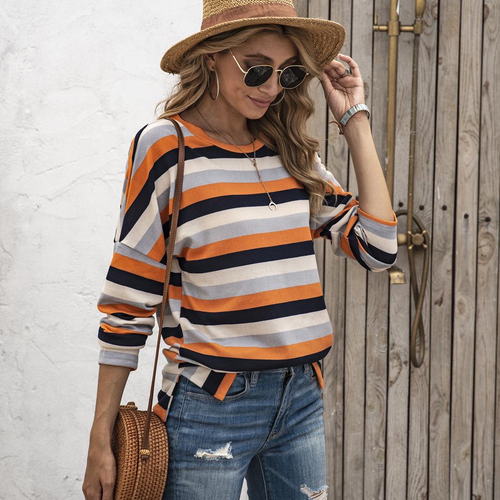 Oversize Women Loose Stripe Sweatshirt Sweater Round Neck Tshirt