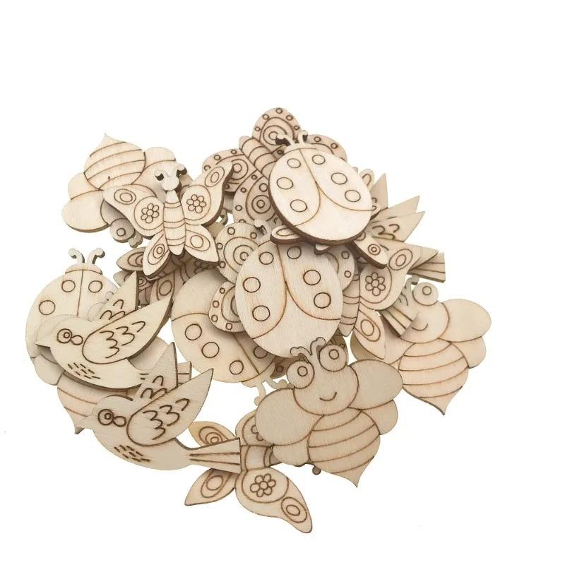 50pcs Wooden Embellishments Butterfly Bee Flower Leaf Squirrel Slices Discs Unfinished Cutouts Wood Ornaments for Crafts DIY