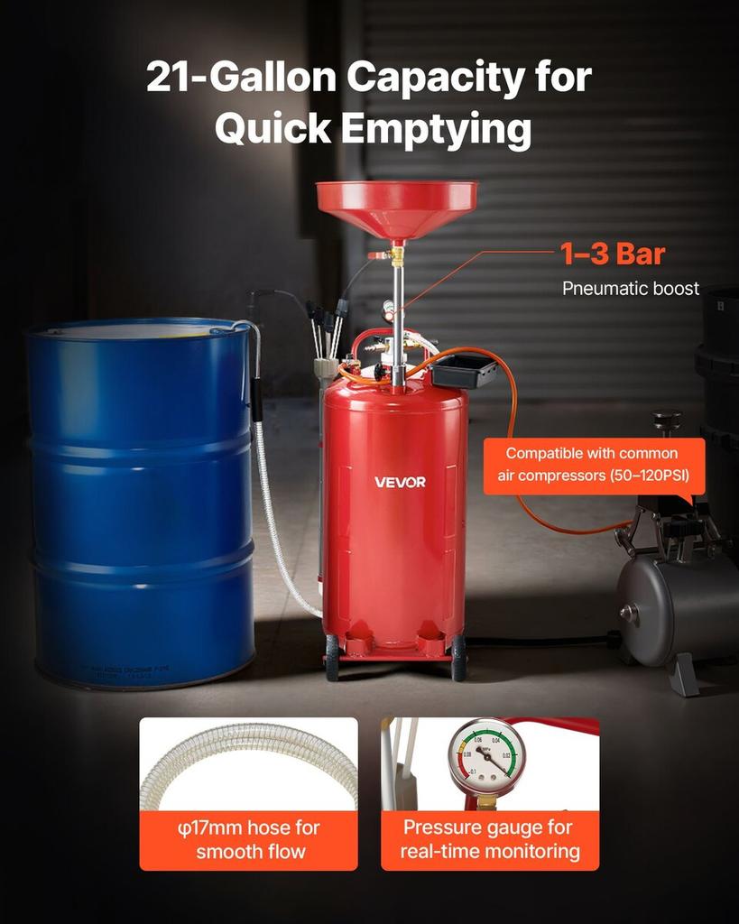 79.5L Waste Oil Drain Tank, Air Operated Portable Oil Drainer with Adjustable Funnel Height, Industrial Fluid Drain Tank with Wheels, Fluid Fuel