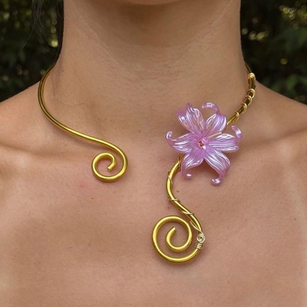 Flower Pattern Collar Necklace Colorful Women Necklace Vintage Iris Flower Necklace