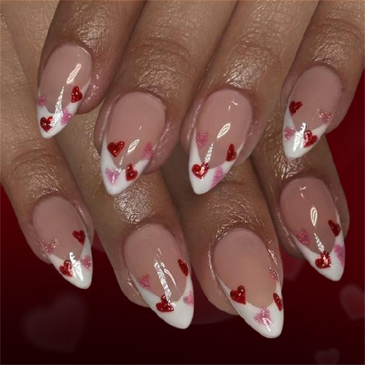 Women's Valentine Special Press On Nail 48Pcs Red Heart Glitters White French Design Multiple Sizes Easy Apply