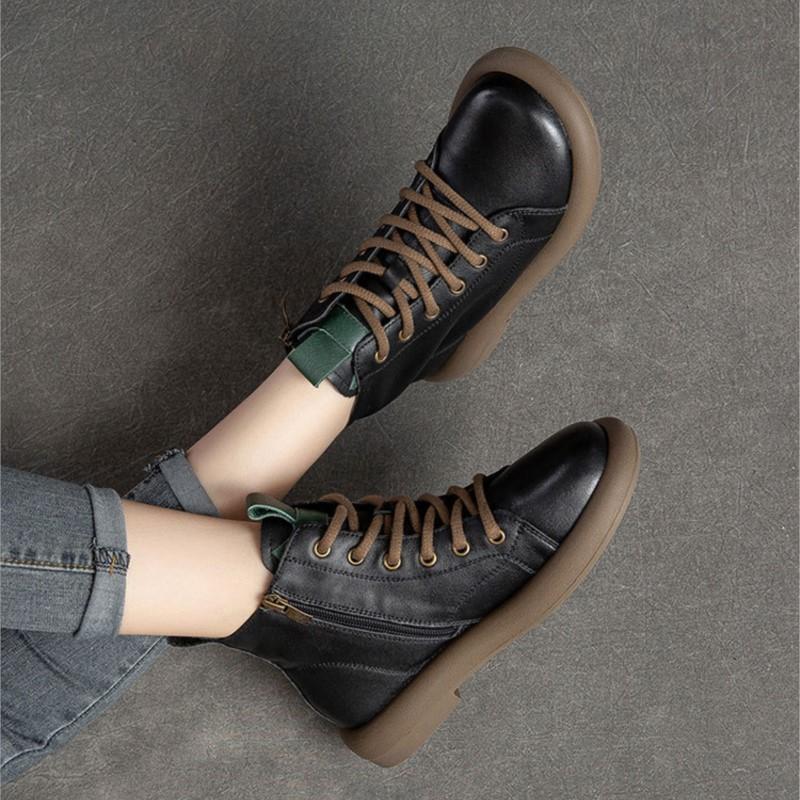 Johnature Oryginalne skórzane botki retro na co dzień, jednolity kolor, miękka podeszwa, krótkie buty, uniwersalne buty damskie