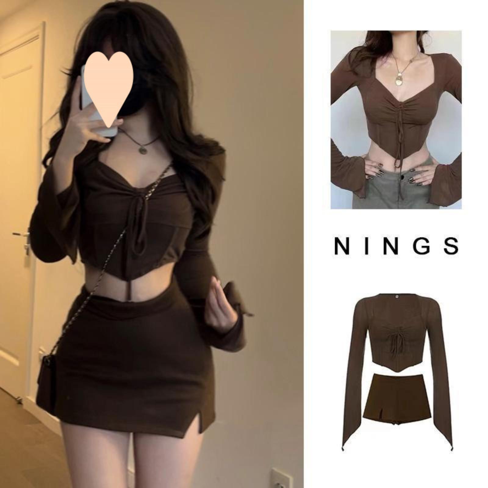 

American- Hot Girl Outfit: Irregularly Pleated Bust-shaped Long-sleeved Top And Skirt Set With A Cropped Waist. XL кавовий