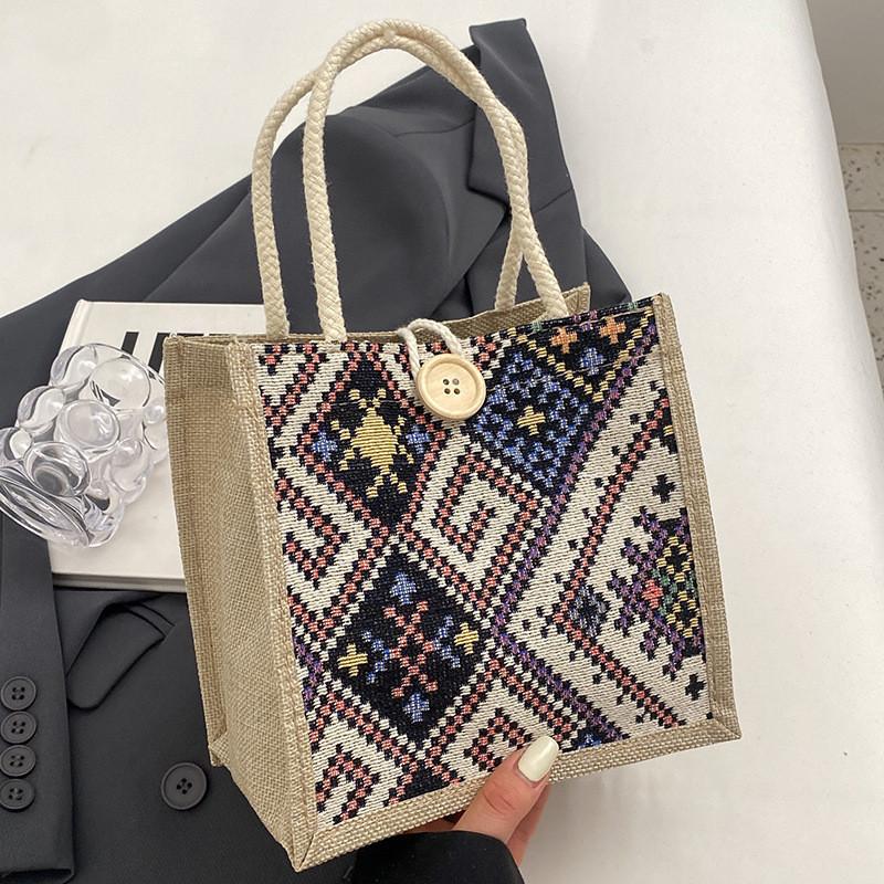 Fashionable Ethnic Style Canvas Bag For Women Small Square Bag With Button Closure