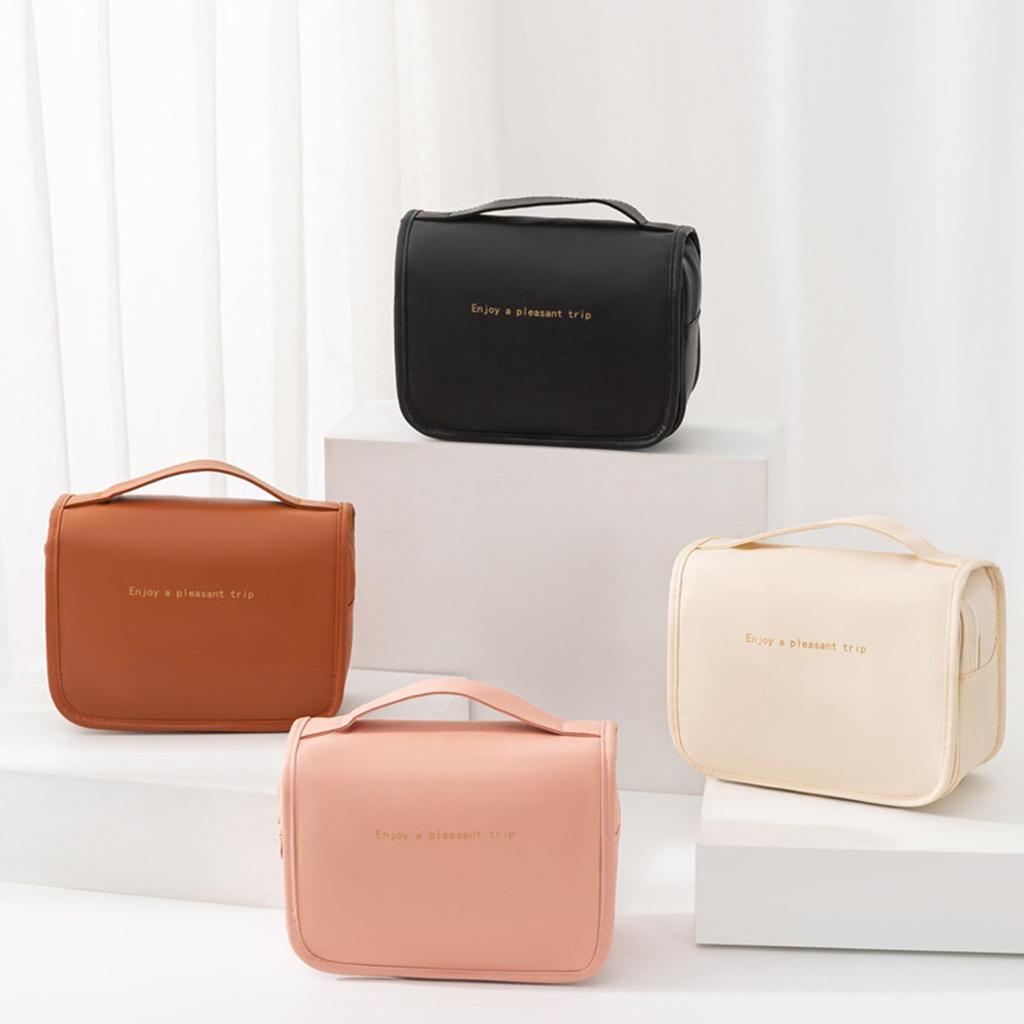 Toiletry Bag Hanging Travel Makeup Fashion Waterproof with Hook Large Capacity PU Leather