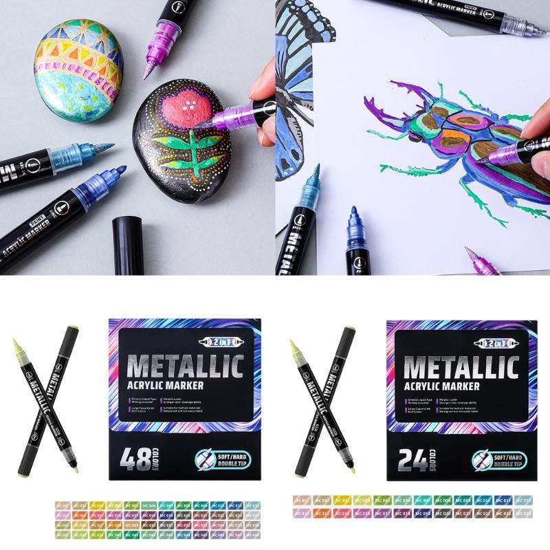 Double Ended Acrylic Marker Metallic Paint Pen for Painting On Paper Wood Fabric Metal Stone Card Making Scrapbooking