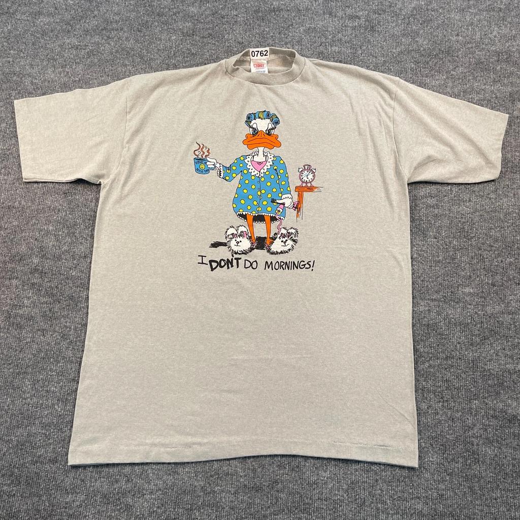 Vintage 80s Funny Lazy Duck I Don't Do Morning Humor Shirt XL 23x30 Gray