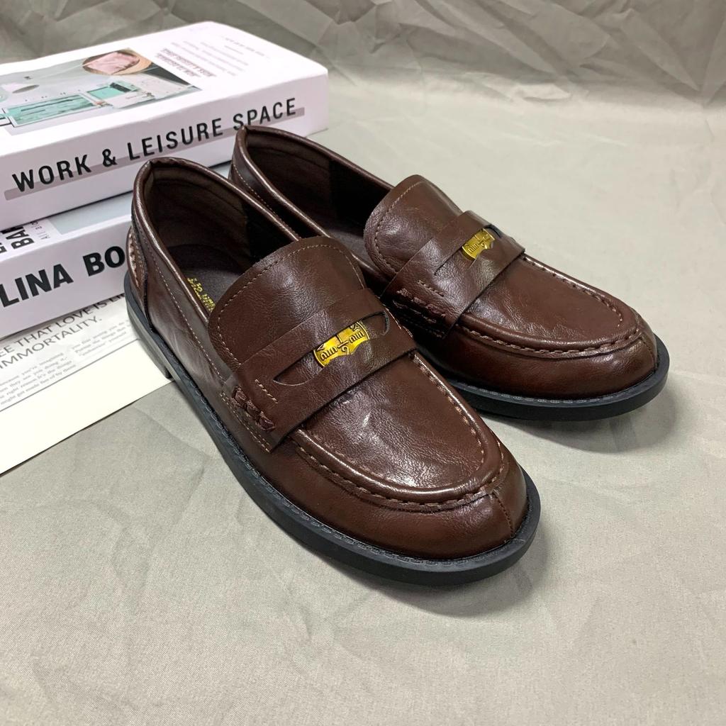 Spot second hair! Fashion versatile new horse leather retro polished small gold coin thick heel platform loafers small leather shoes