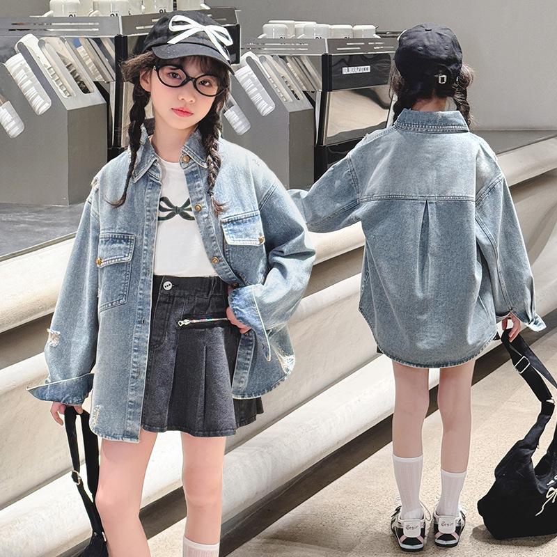 

Модная джинсовая куртка-рубашка для девочек - Весна/Осень 2025 150cm