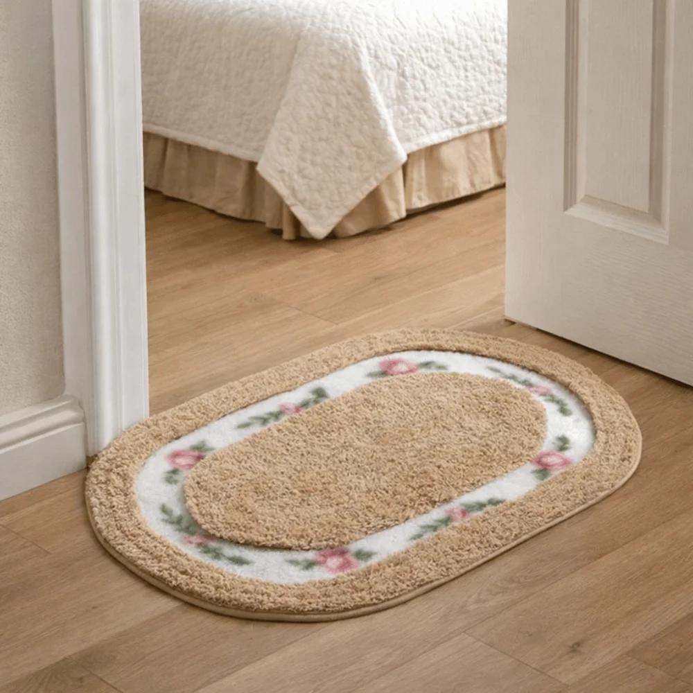 Practical Fluffy Rose Pattern Door Mat Nonslip Pastoral Style Bath Mat Thickened Absorbent Oval Floor Rug Living Room