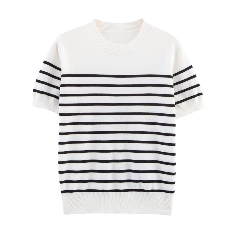 Kaslead New Women clothes Western Style Fashion Simple and Versatile Stripe Pullover round Neck Short sleeve Top
