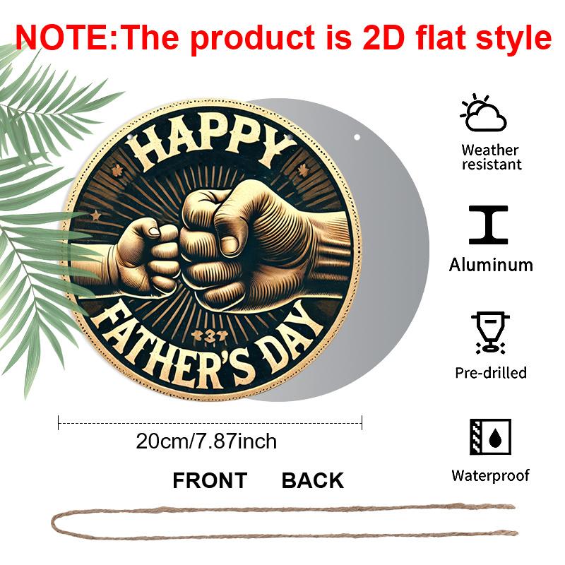 2D Flat, 1pc Round Aluminum Happy Father's Day Sign, Vintage Fist Bump Dad & Child Design, Retro Gold & Black Wall Decor, Waterproof & Durable