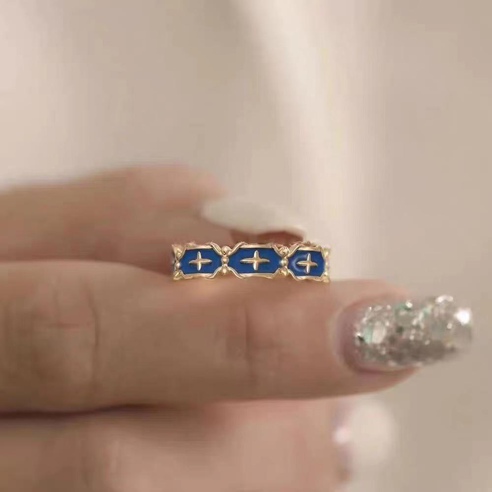 Blue Cross Pattern Enamel Ring: Women's Light Luxury Trend, 2023 Niche Design