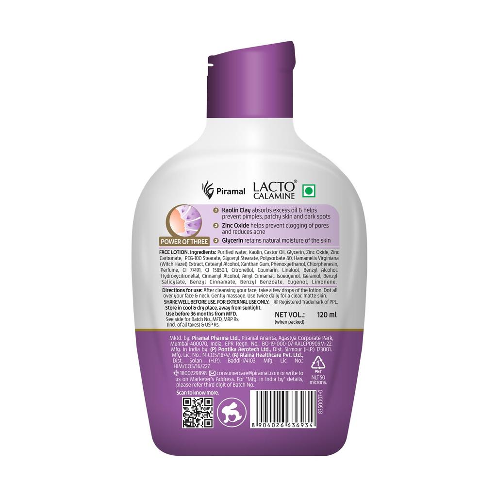 Lacto Calamine Gesichtslotion 120 ml Tägliche Feuchtigkeitspflege für fettige Haut Ölkontrolle Leichte Gesichts- und Körperpflege Kaolinton, Glycerin & Zinkoxid