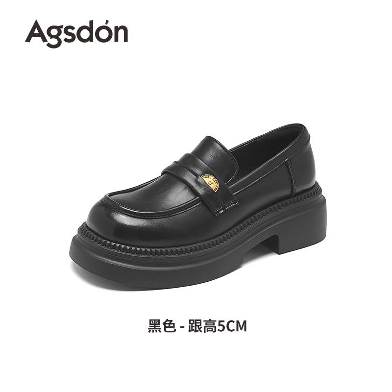 Augustine loafers women's 2025 summer new black thick heel British style single shoes soft sole commuter small leather shoes