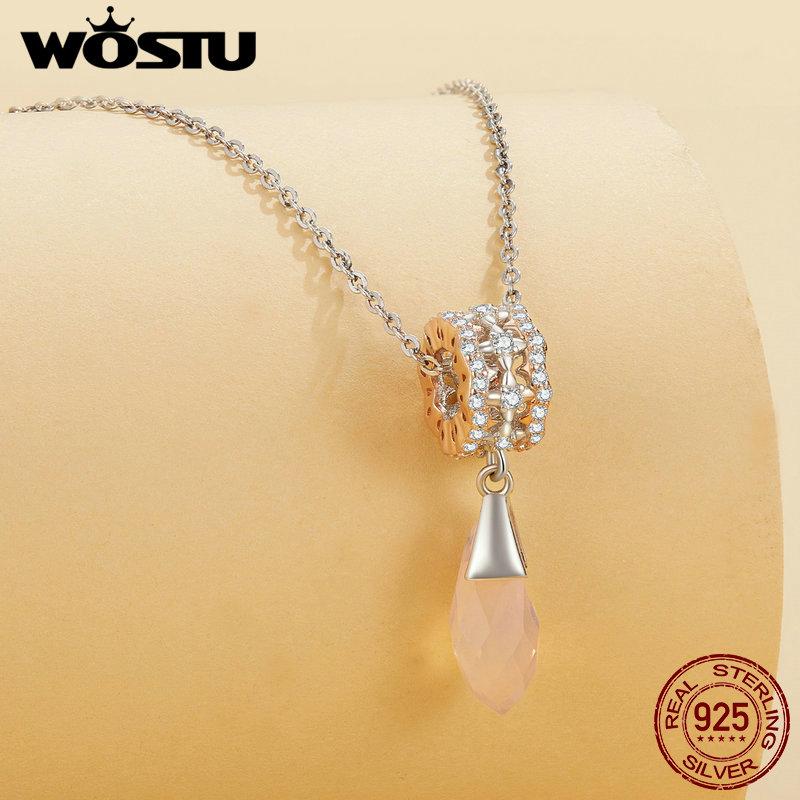 WOSTU 925 Sterling Silver Rose Gold Two-Tone Clover Heart Charms Crystal Drop Pendant Hollow Out Beads Fit DIY Bracelet Necklace