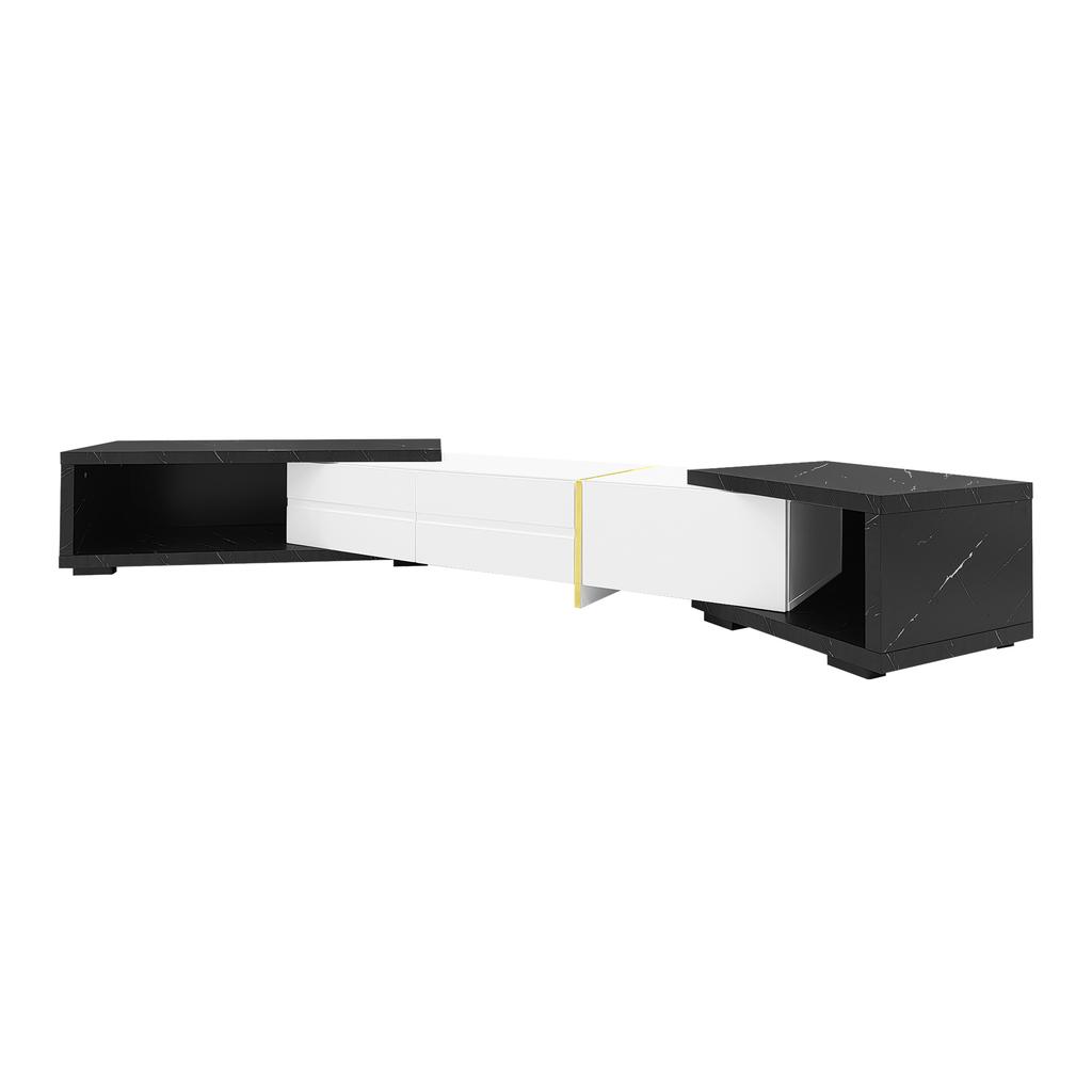 Modern TV Cabinet with variable length (140-260 cm), rotating function, black marble look, white high-gloss matte finish and golden decorations