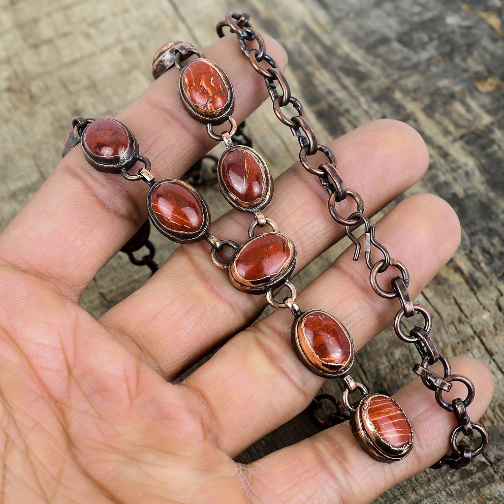 Red Snakeskin Jasper Necklace Electroformed Copper Necklace Handmade Jewelry Adjustable Chain Necklace Gift for Women Real Gemstone Necklace