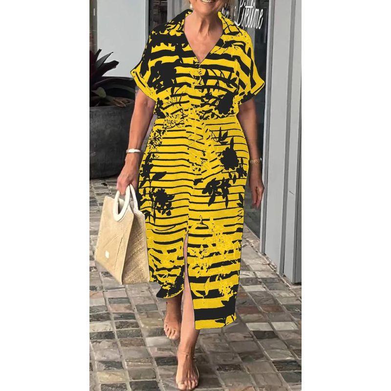 

European and American Women clothes Short sleeve Belt Hem Slit Print Casual Cardigan Dress Dress Cardigan Dress Yellow 4XL