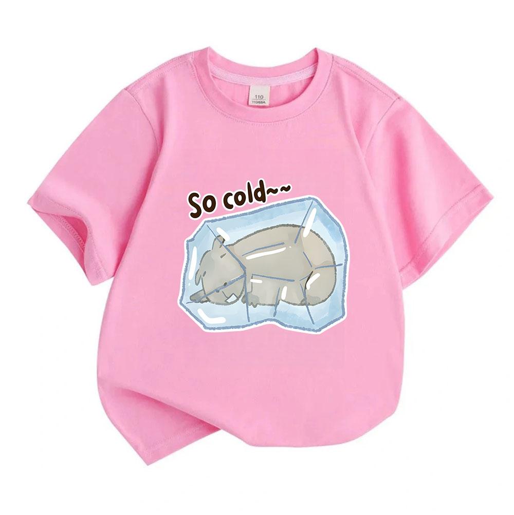 Kids Boys Girls 100% Cotton Crew Neck Short Sleeve T-Shirt, Cute Frozen Capybara Print Casual So Cold Pattern Soft Breathable Summer Tee for Daily Wea