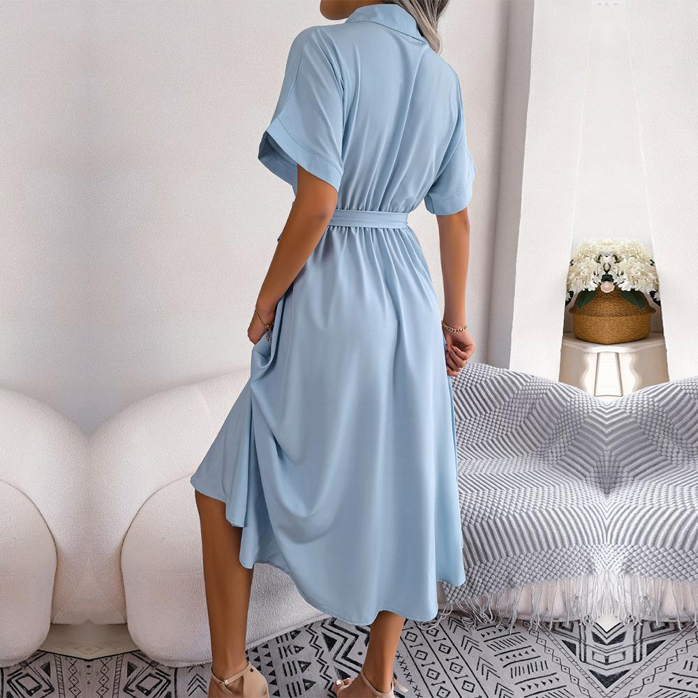 Women New Spring Summer Casual Loose Solid Color Lace Up Shirt Skirt Lapel Neck Button Dress