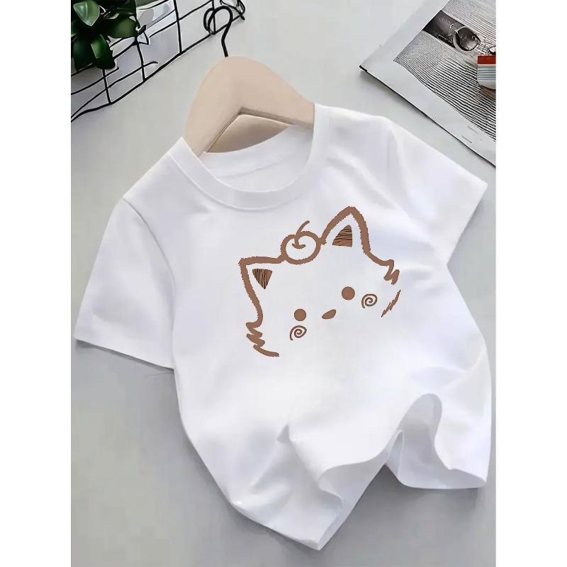 European Sizes Girls' Cute Shiba Inu-like Cat-Ear T-Shirt - Summer Short Sleeve Round Neck Top with Smiling Puppy-like Face Print