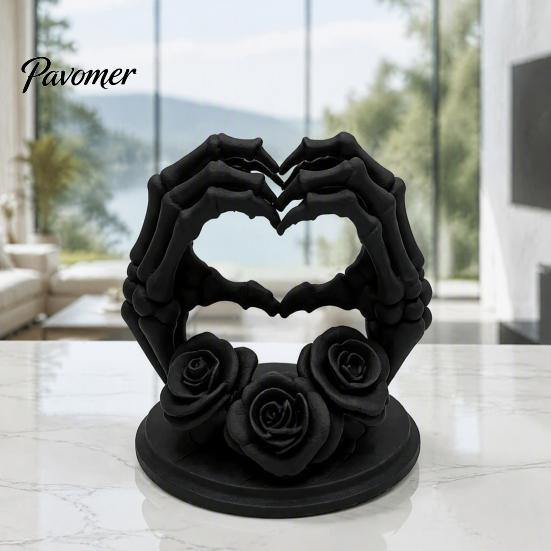 Spooky Tabletop Figurines 3D Printed Heart Shape Skeleton Hand Ornament, Gothic Rose Skull Statue Aesthetic Room Decor for Home Decor, Unique