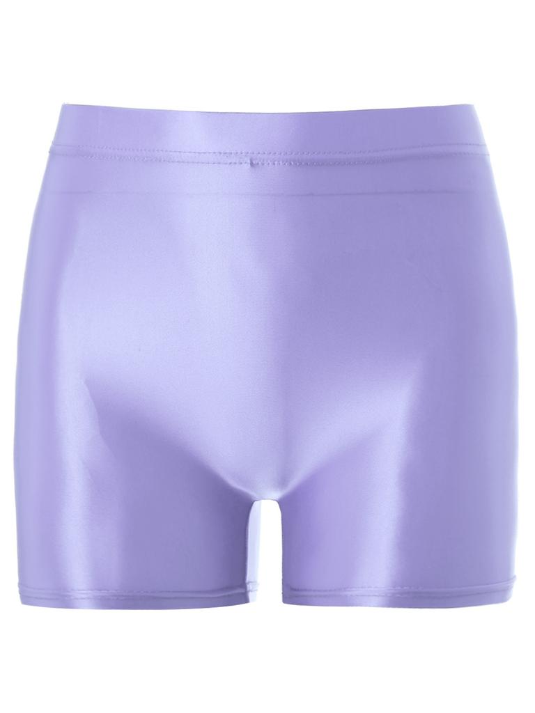 Womens Shiny Mid Waist Elastic Waist Shorts Swimwear Yoga Sportswear