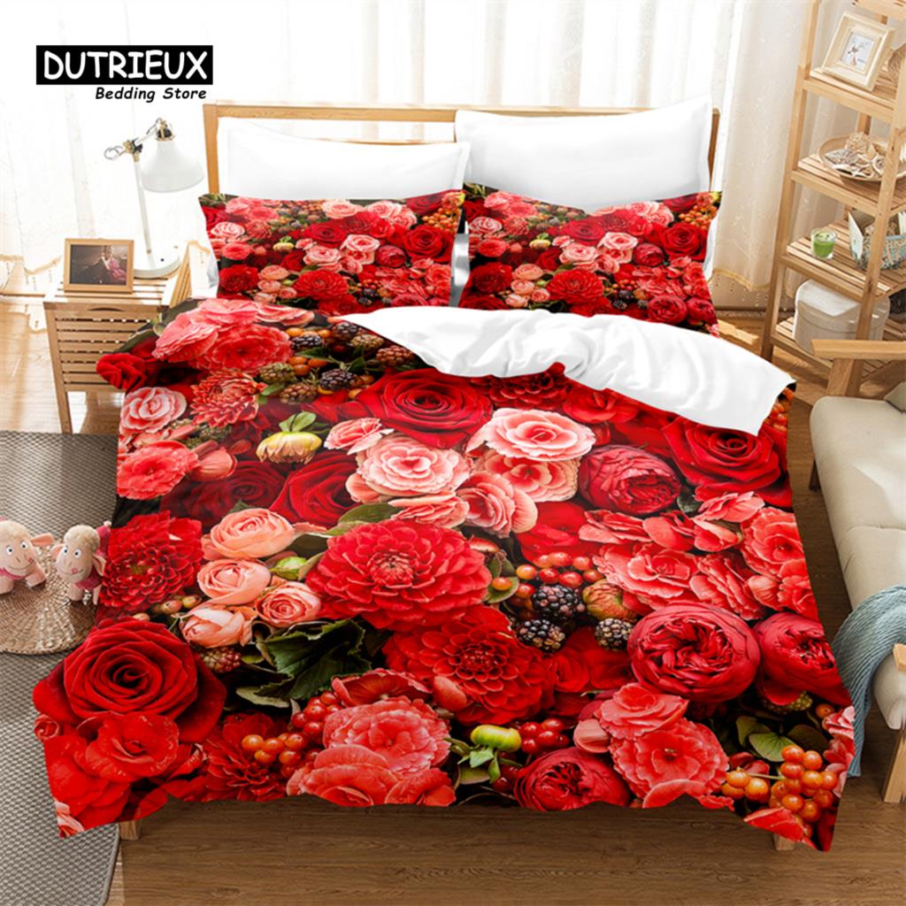Pink Roses Bedding Set, 3Pcs Duvet Cover Set, Soft Comfortable Breathable Duvet Cover, For Bedroom Guest Room Decor