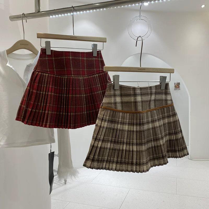 Women's High Waist Plaid Wool Skirt - Spring 2025 College Style Petite Skirt