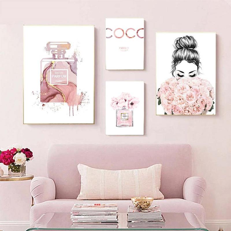 Nordic Pink Fashion Wall Posters Perfume Bottle Canvas Painting Lips Wall Art Modern Flower Print Pictures Girl Bedroom Decor