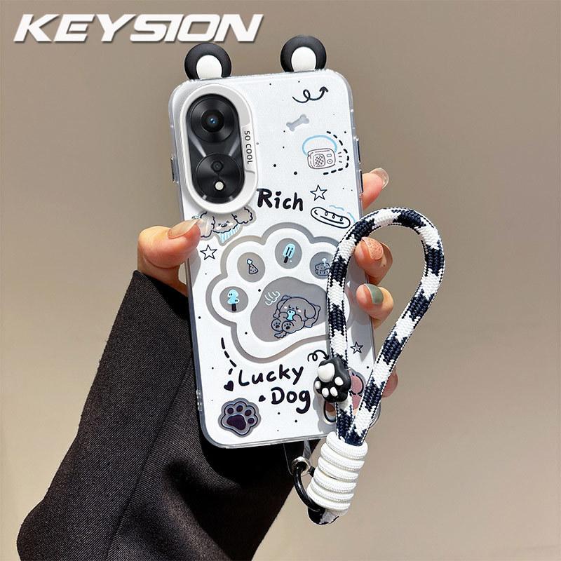KEYSION Cute Ear Cartoon Case for OPPO A58 4G A38 A18 with Lanyard Soft Silicone+PC Shockproof Phone Back Cover for OPPO A17 A17K