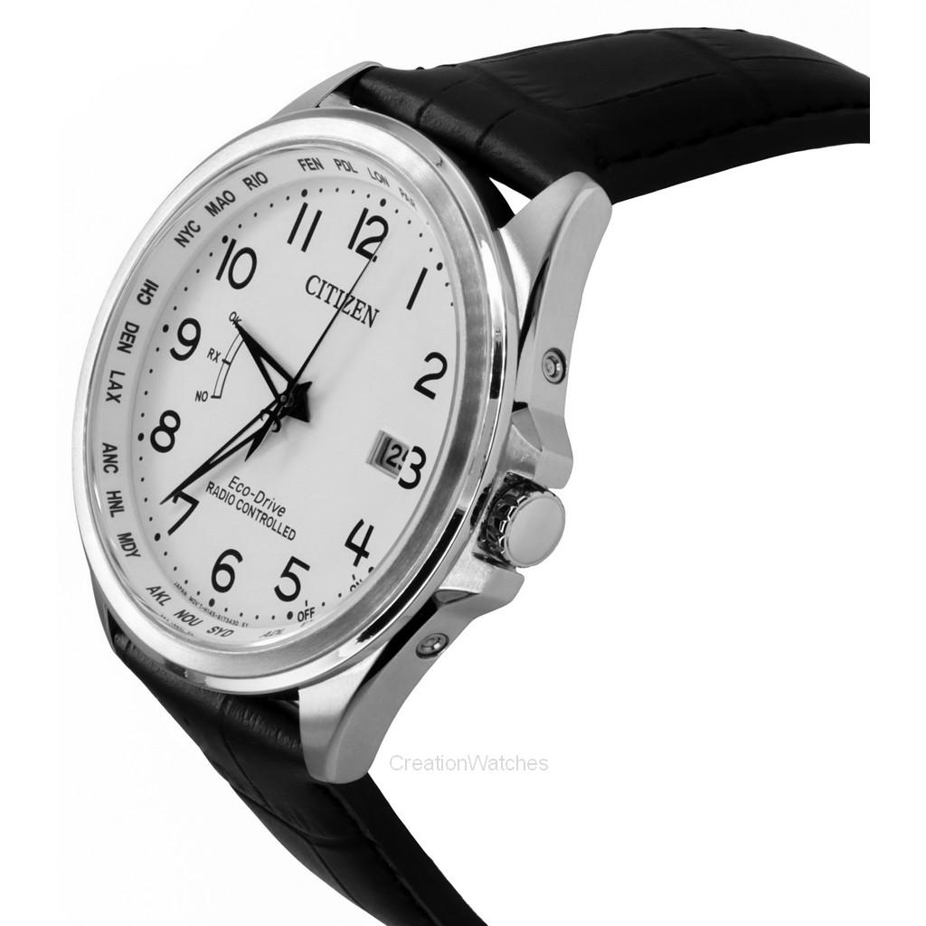 Citizen Funkgesteuerte Eco-Drive Herrenuhr mit Lederarmband und weißem Zifferblatt CB0250-17A 100M